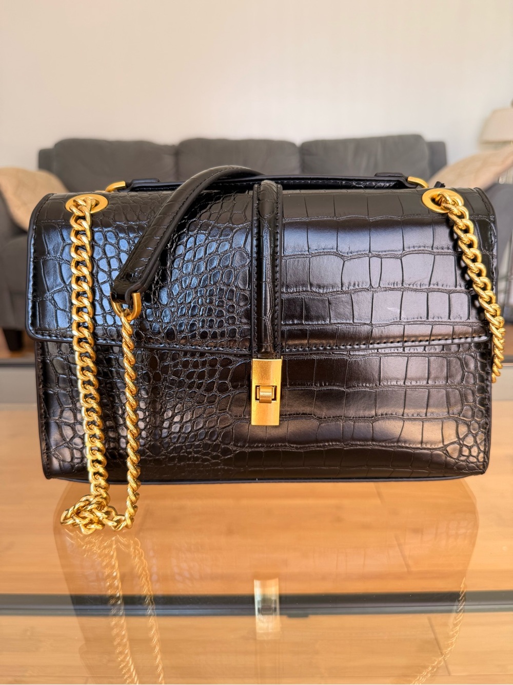 NEW! Mango - Black Croc-Embossed Shoulder Bag with Gold Chain